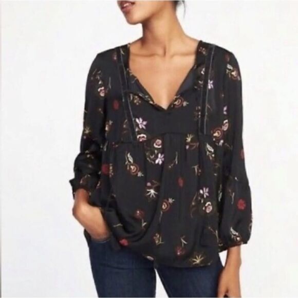 Old Navy black floral tie front boho blouse with bishop style sleeves sz XXL - Picture 1 of 8